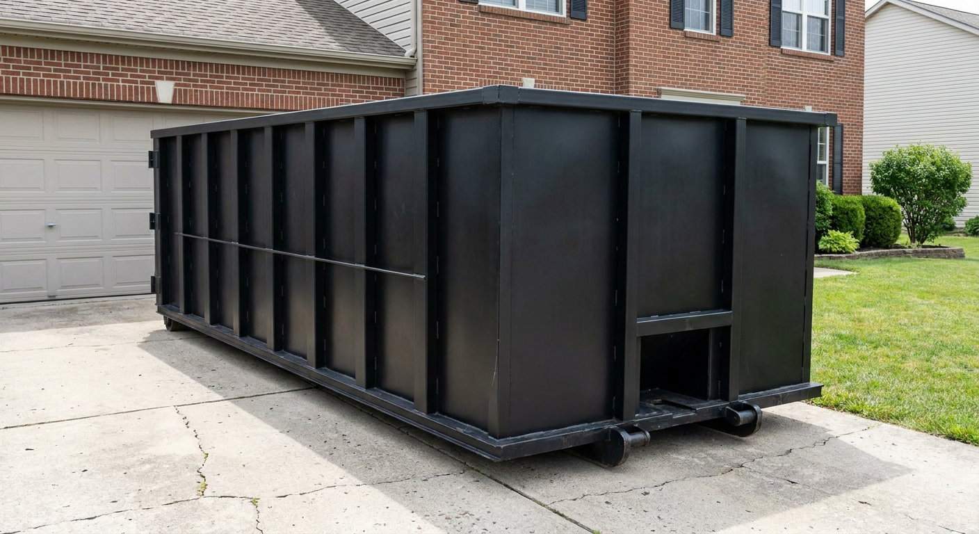 Matte-black 20-yard roll-off container on a Visalia residential concrete driveway with reinforced ribbed steel sidewalls and a hinged rear walk-in door, clean bright daylight.