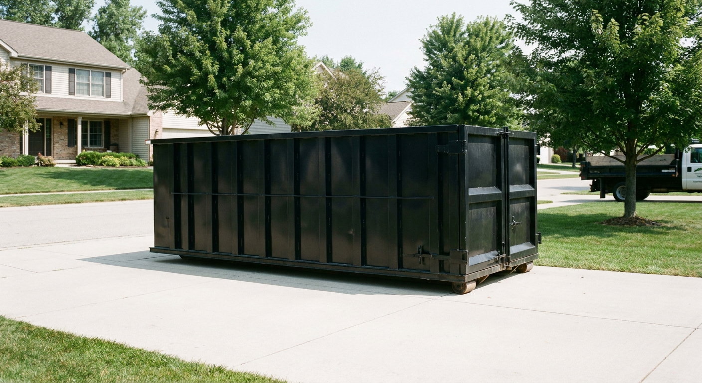 Matte-black 20-yard roll-off dumpster sitting level on a clean Visalia residential concrete driveway under bright daylight, demonstrating clean placement directly on the concrete.